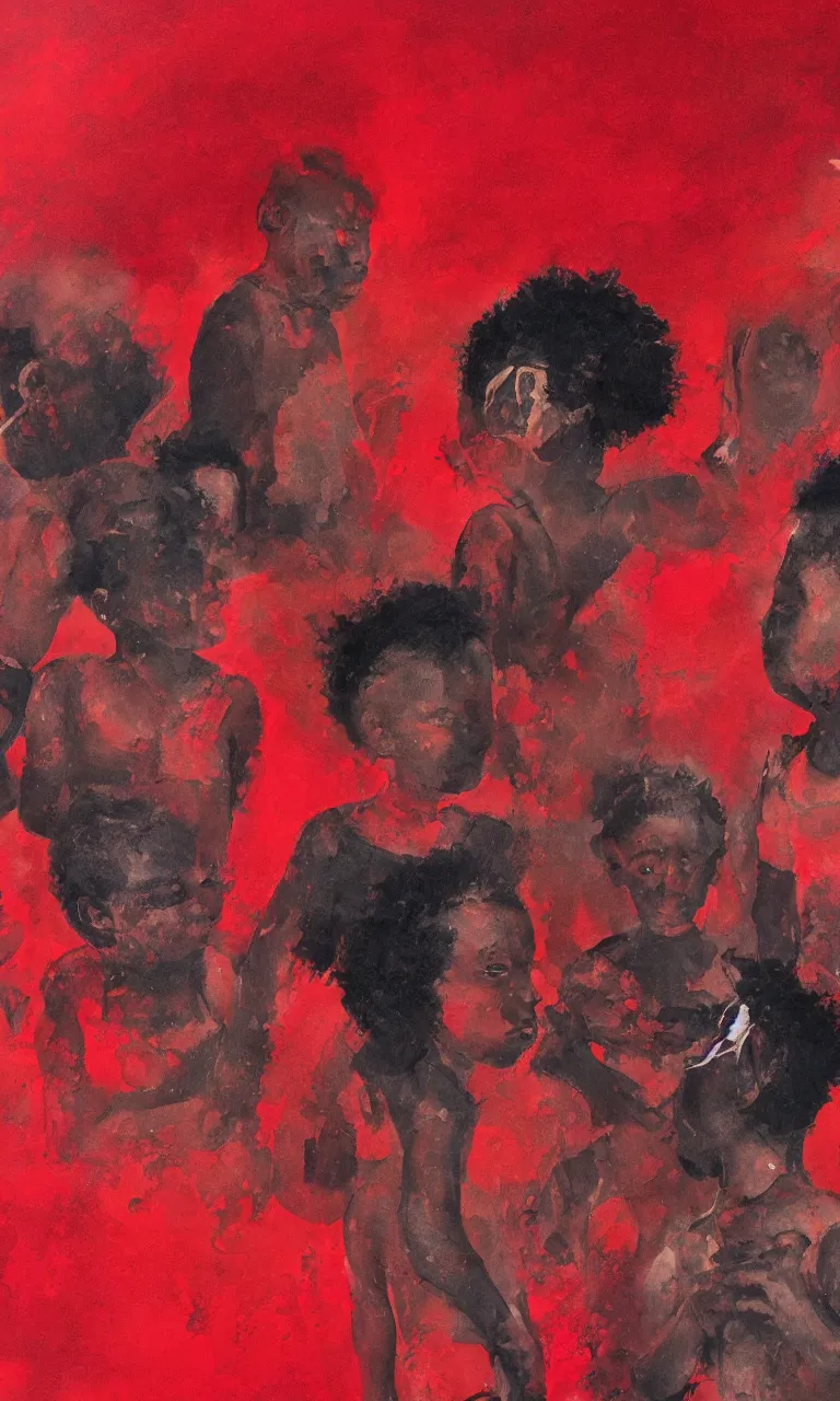 Prompt: black kids mixing with together in a cloudy red abstract background , a detailed painting by Eden Seifu, trending on artstation