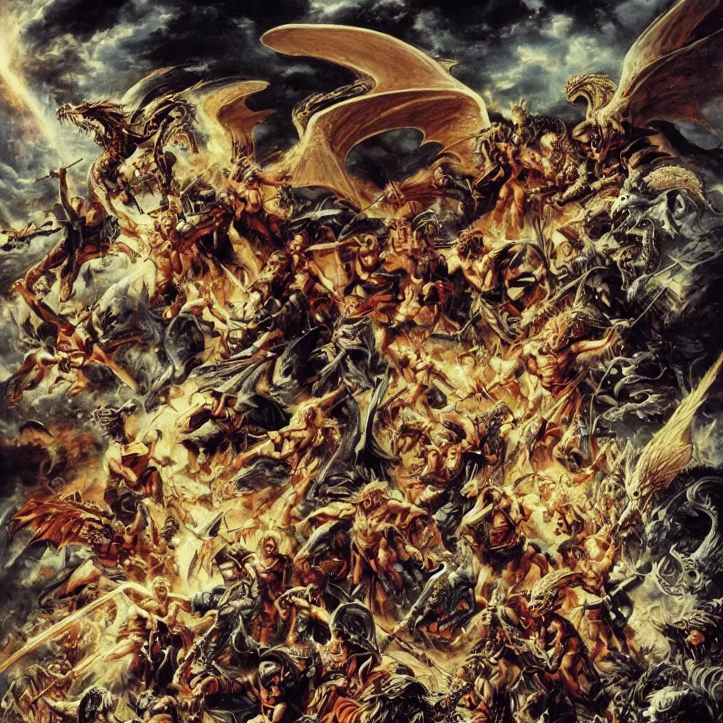 Image similar to There was war in heaven, Michael and his angels fought against the dragon, and the dragon fought and his angels, and prevailed not, neither was their place found any more in heaven. And the great dragon was cast out, that old serpent, called the Devil, and Satan, which deceived the whole world, he was cast out into the earth, and his angels were cast out with him. Acrylic on Canvas.