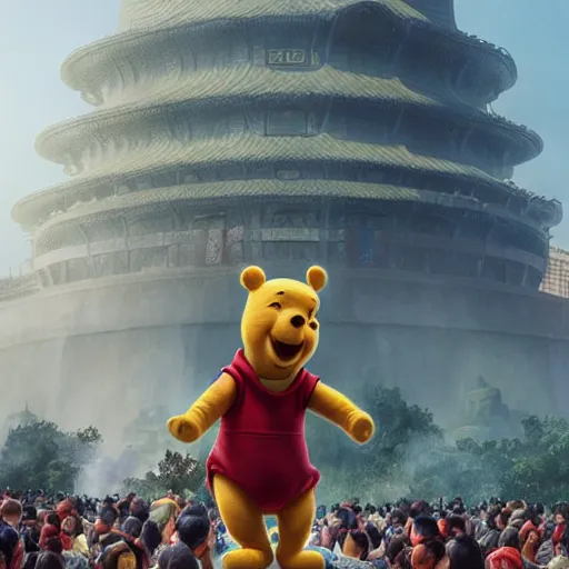 Image similar to screaming winnie the pooh having a tantrum in front of 5 9 式 at tiananman square, dystopian, highly detailed, photorealistic, octane render, 8 k, unreal engine. art by artgerm and greg rutkowski and alphonse mucha