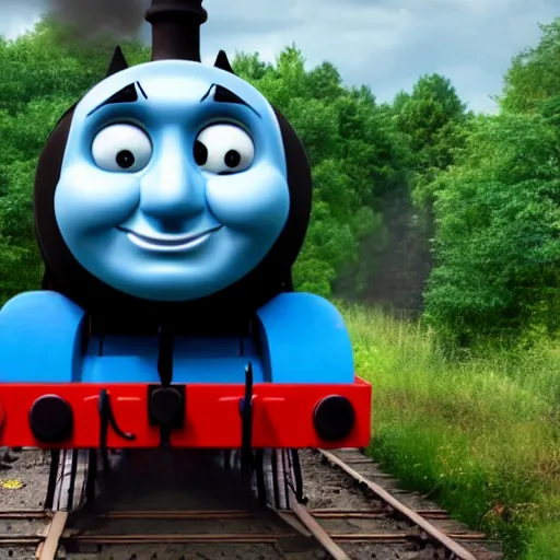 Image similar to the most smug, insane, evil, satanic looking Thomas the tank, ultra realistic 4k rendered in redshift