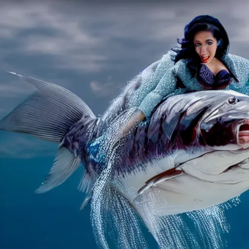 Prompt: cinematic shot of Cardi B riding on the back of a giant tuna fish in the ocean, bright lighting, 8k, very intricate, very detailed,