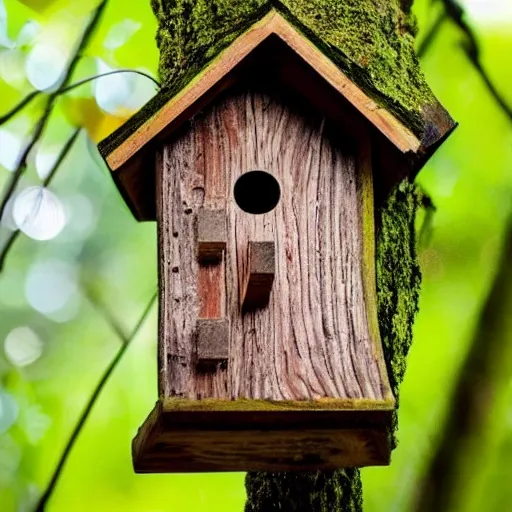 Image similar to wooden birdhouse in a tree in the rain forest, mushrooms and leaves on the birdhouse, backlit, realistic, beautiful lighting