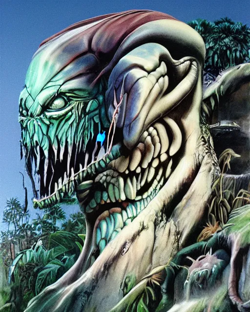 Image similar to roger dean portrait painting art of predator ( 1 9 8 7 )