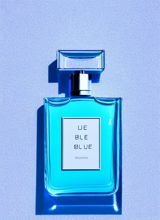 Prompt: blue perfume standing in white enchanted sparse blue flowersup close shot, sharp focus, zen, clean, modern minimalist, vogue octane highly render, 4 k, ultra hd,