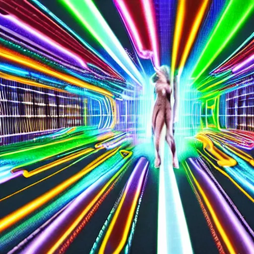 Image similar to diverse groups of humans with glowing electronic body implants projecting amazing images collectively, from behind, rebirth, beauty, wide angle, elaborate, wet, highly detailed, colors, beautiful lighting