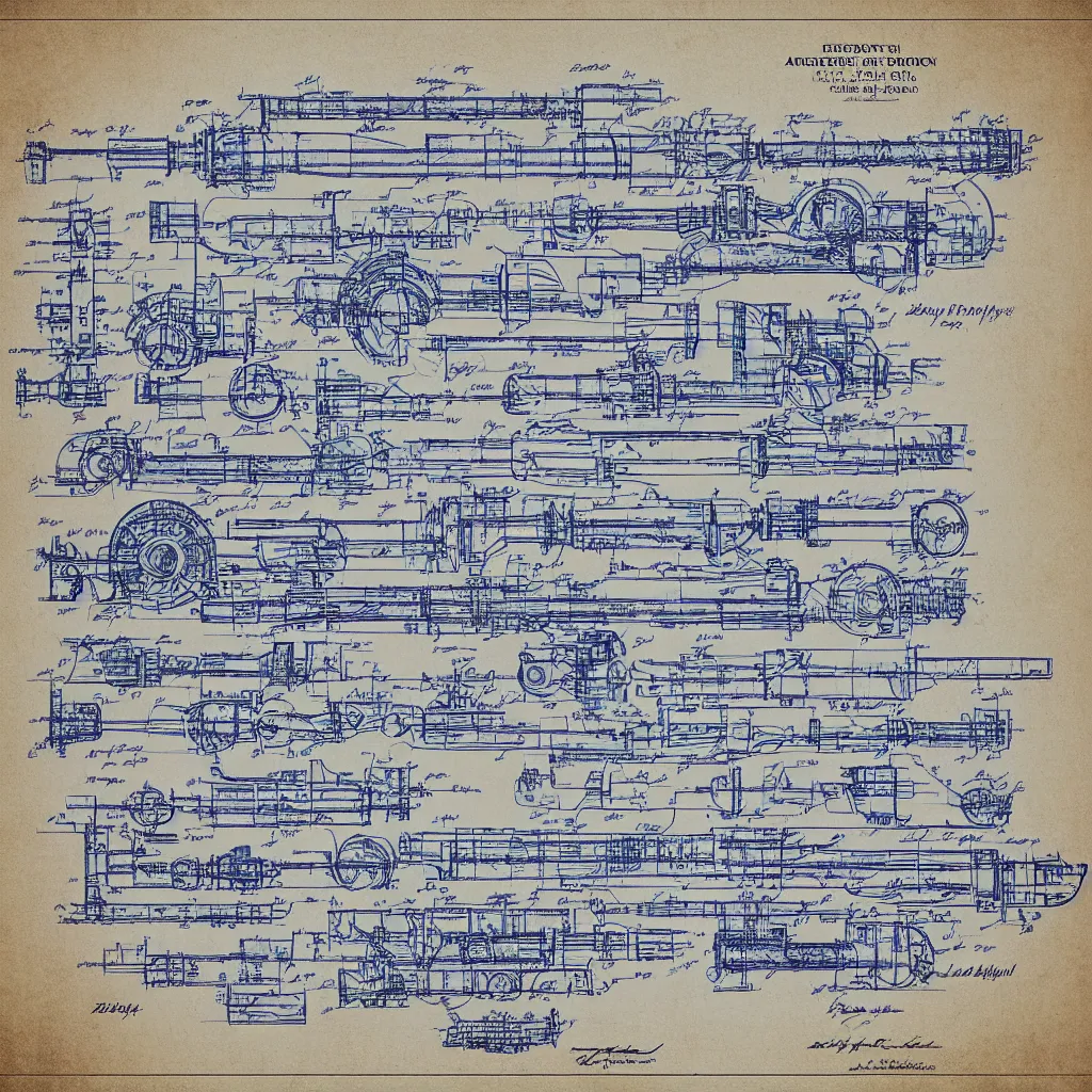 Image similar to detailed blueprint scheme of an artillery cannon, patented in 2039