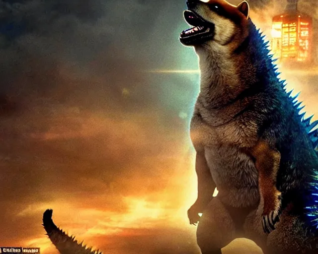 Prompt: godzilla as a shiba inu in a Godzilla: King of the Monsters still film directed by Christopher Nolan, shooting beams from its mouth and toppling over cities, epic action scene