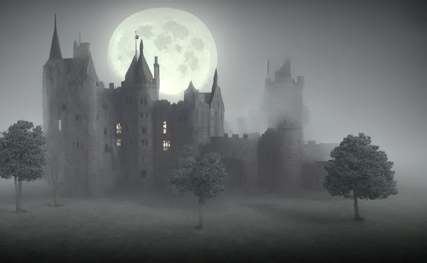 Prompt: a picture of burning gothic! castle in fog, full moon, visual art, 8 k resolution, 3 d modelling, accent lighting, art station