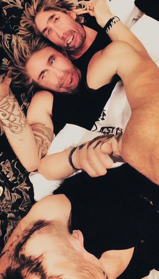 Image similar to chad kroeger snapchat selfie laying in bed with a black tanktop