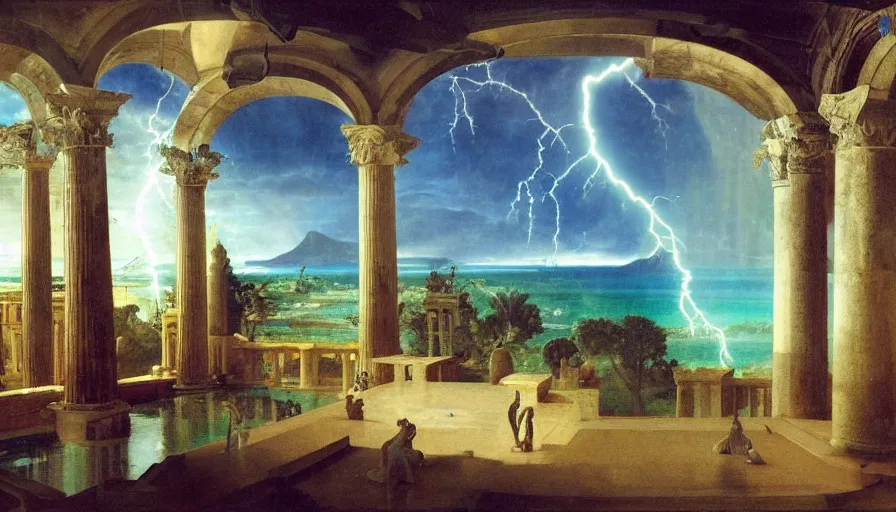 Image similar to From Inside the giant Palace, mediterranean balustrade and columns, refracted line and sparkles, thunderstorm, greek pool, beach and Tropical vegetation on the background major arcana sky and occult symbols, by paul delaroche, hyperrealistic 4k uhd, award-winning, very detailed paradise