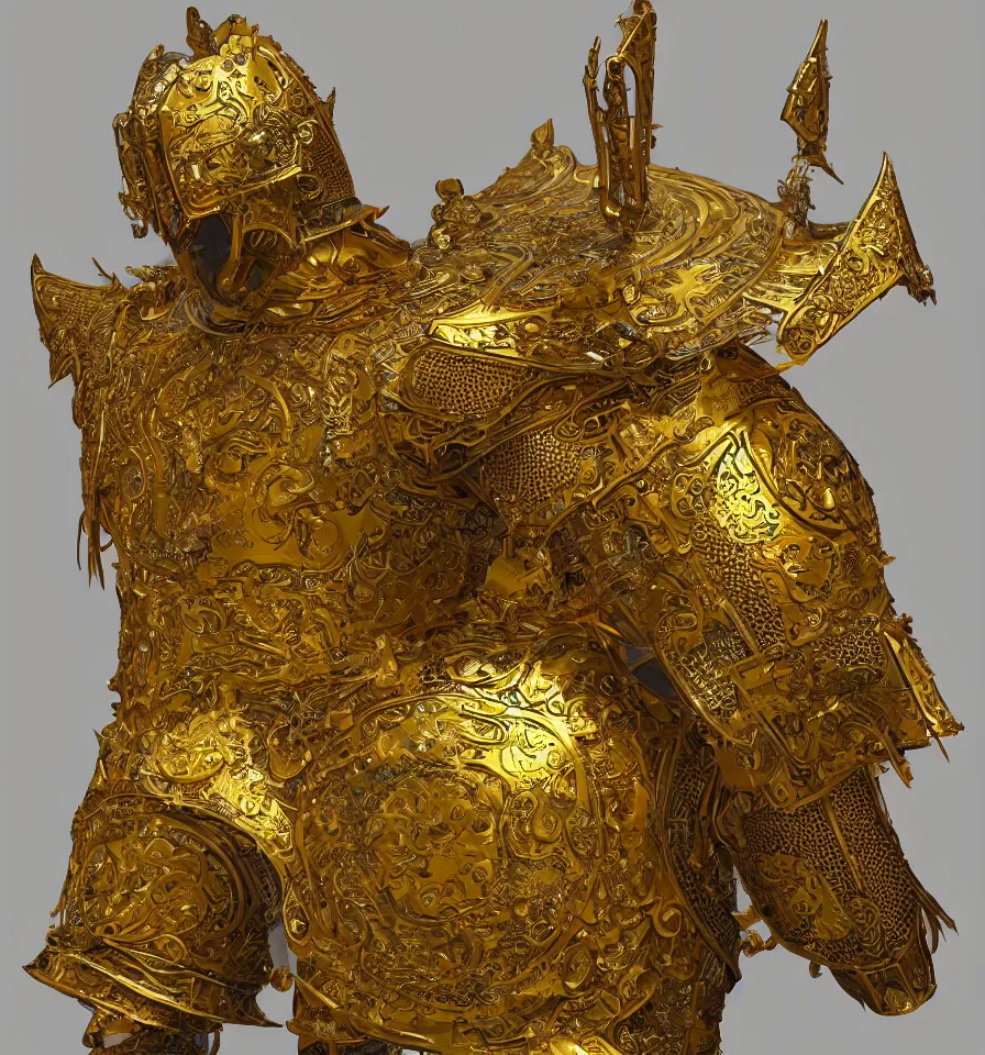 Prompt: golden fantasy plate armor, by salvador dali, 8 k resolution, intricate ornaments, photorealistic, smooth, octane render, ray tracing, ambient occlusion,