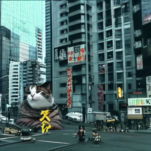 Prompt: a giant cat wrecking downtown tokyo, cinematic movie still