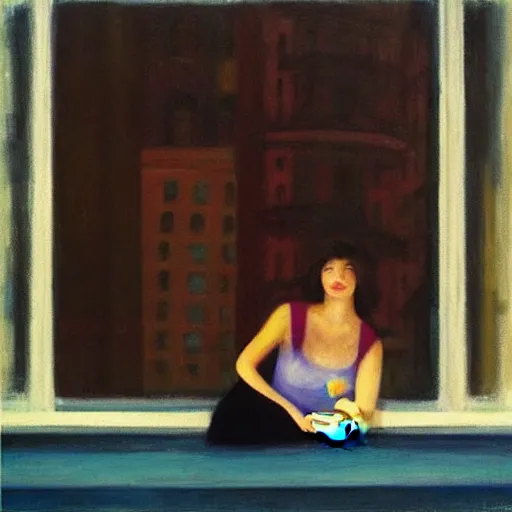 Prompt: “ a girl holding a cup of coffee looking out a window overlooking the east village in new york city, morning light, by edward hopper ”