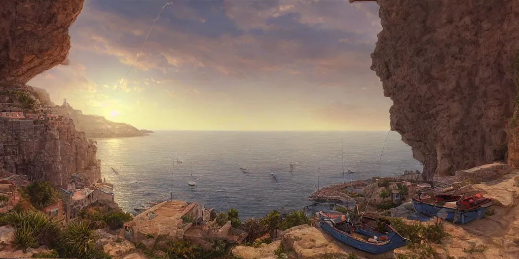 Image similar to looking out a house window on a cliff, fishing supplies on shelf near window, wide angle, sunset, a mediterranean phoenician fishing village below, over a chalk cliff, highly detailed, digital painting, artstation, concept art, sharp focus, illustration, art by artgerm and greg rutkowski and raphael lacoste and magali villeneuve