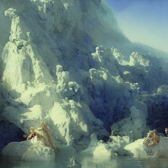 Prompt: gardens of marble draped in flowing sheets of cobalt blue satin, by ivan aivazovsky and syd mead and moebius and gaston bussiere and roger dean and wojciech siudmak and pieter claesz and paul delaroche and alma tadema and aelbert cuyp and willem claesz, hyperrealistic, volumetric light, render