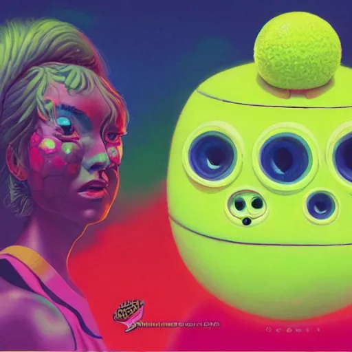 Image similar to Lofi vaporwave portrait tennis ball monster,chalk, Pixar style, Tristan Eaton, Stanley Artgerm, Tom Bagshaw