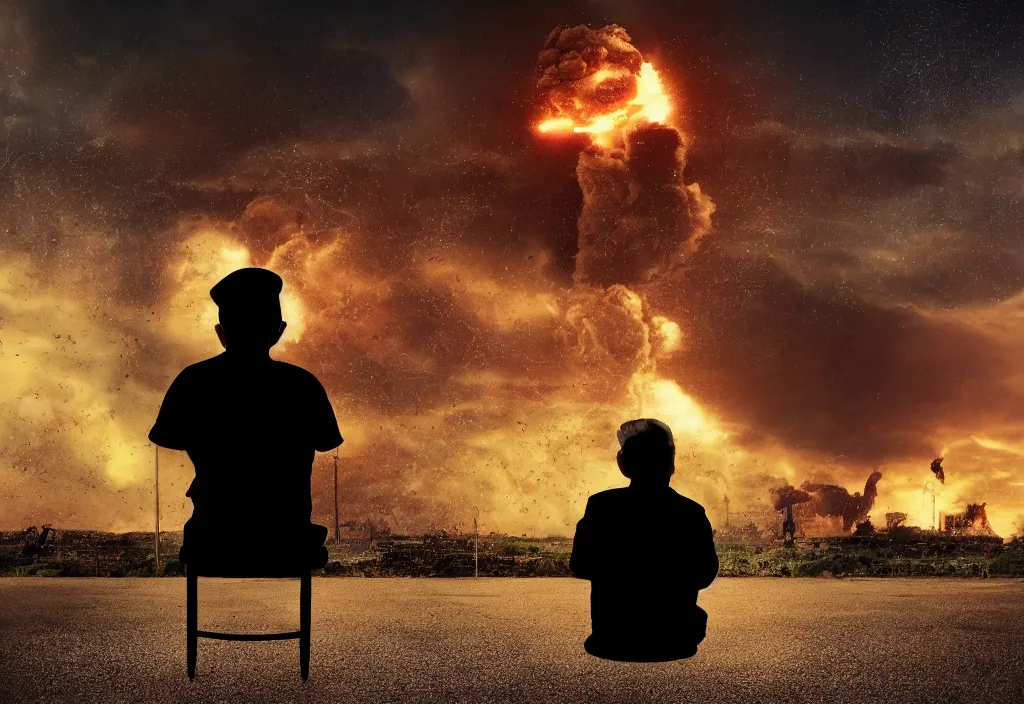 Image similar to old man sitting with black cat watching nuke explosion close up shot from behind, cinematic movie close up shot from behind, background blur bokeh, world ending nuke, 4 k