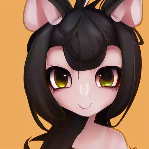 Image similar to headshot of young female furry, maple story, cute, fantasy, intricate, long hair, dark grey skin, mouse face, maplestory mouse, dark skin, mouse head, mouse ears, black hair, elegant, cartoony, Deviantart, artstation, character art of maple story, smooth, sharp focus, illustration, art by maplestory