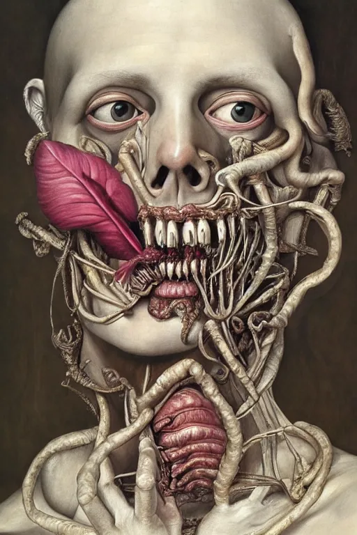 Image similar to Detailed maximalist portrait of a greek god with large lips and eyes, scared expression, botanical anatomy, skeletal with extra flesh, HD mixed media, 3D collage, highly detailed and intricate, surreal illustration in the style of Jenny Saville, dark art, baroque, centred in image