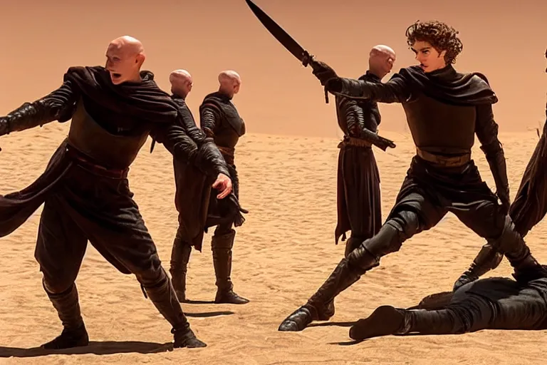 Prompt: choreographed knife brawl between bald_hairless_Austin_Butler_as_Feyd-Rautha_Harkonnen and Timothee_Chalamet_as_Paul_Atreides, in an arena pit, film still from movie Dune-2021, golden ratio