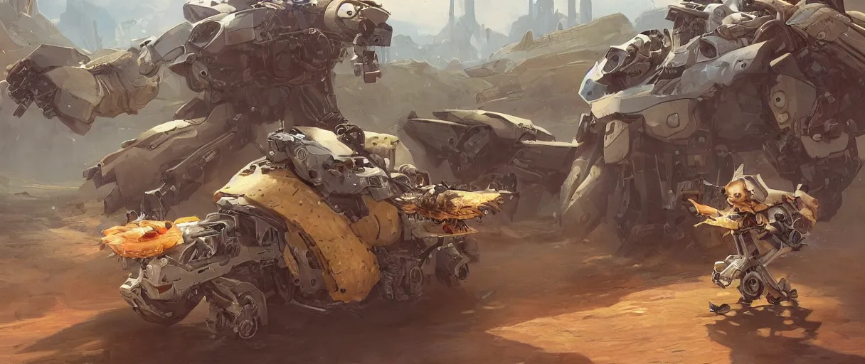 Prompt: a beautiful illustration of a strange anthropomorphic beaver wrapped in a tortilla piloting a war mech by James Jean | unreal engine:.3