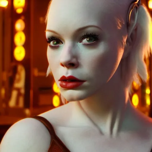 Prompt: a young Christina Hendricks dressed like lilu from the fifth element. Full frontal photography, bare, highly detailed, film still, looking at camera, symmetrical, Zeiss Lens, Octane Render, 8k resolution redshift