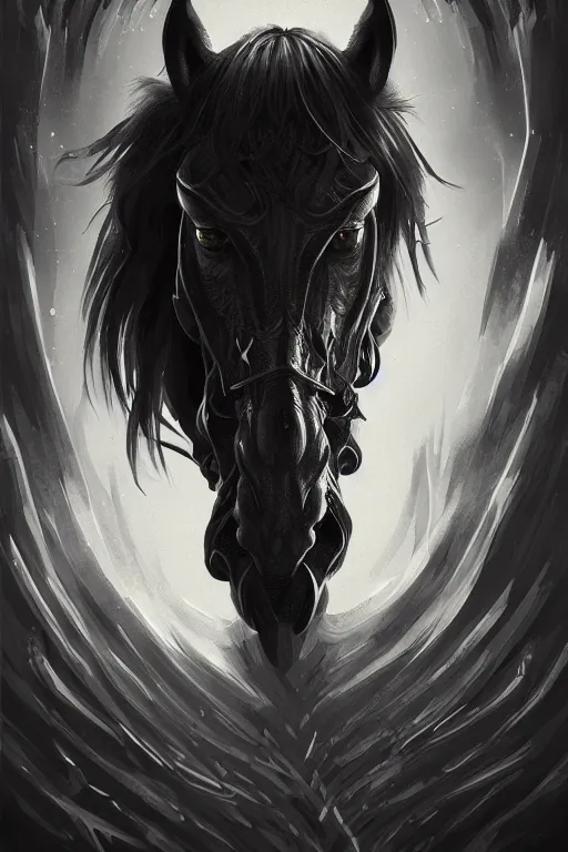 Prompt: a portrait of the horseman of the apocalypse, death, grim - lighting, high - contrast, intricate, elegant, highly detailed, digital painting, artstation, concept art, smooth, sharp focus, illustration