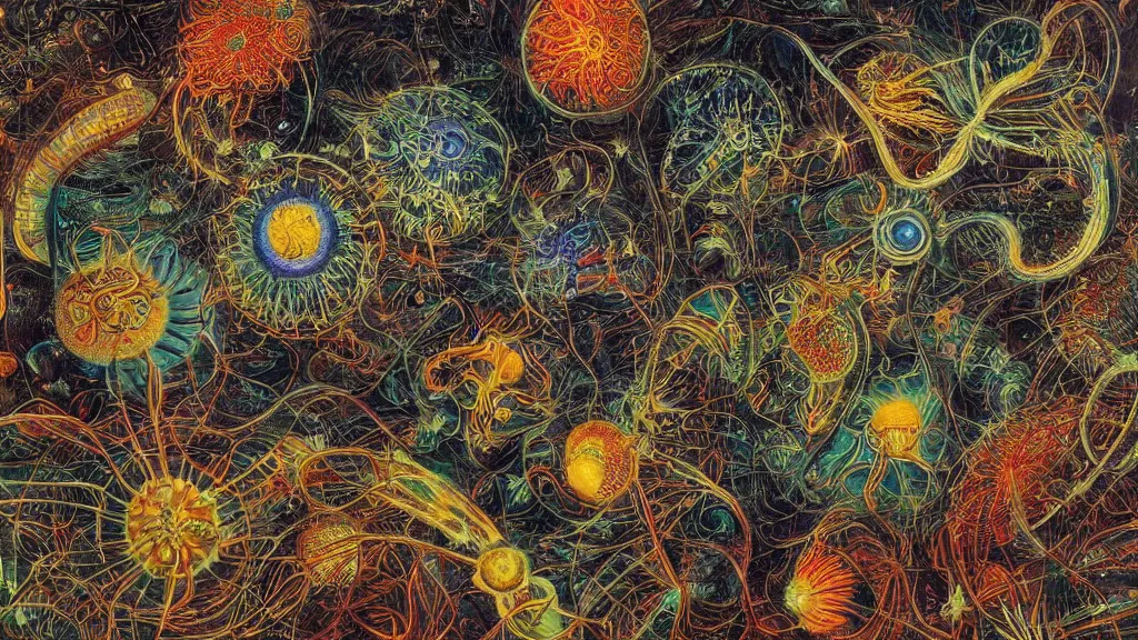 Image similar to quantum connections represented as symbiotic organisms like cells playing around with colorful lights by ernst haeckel