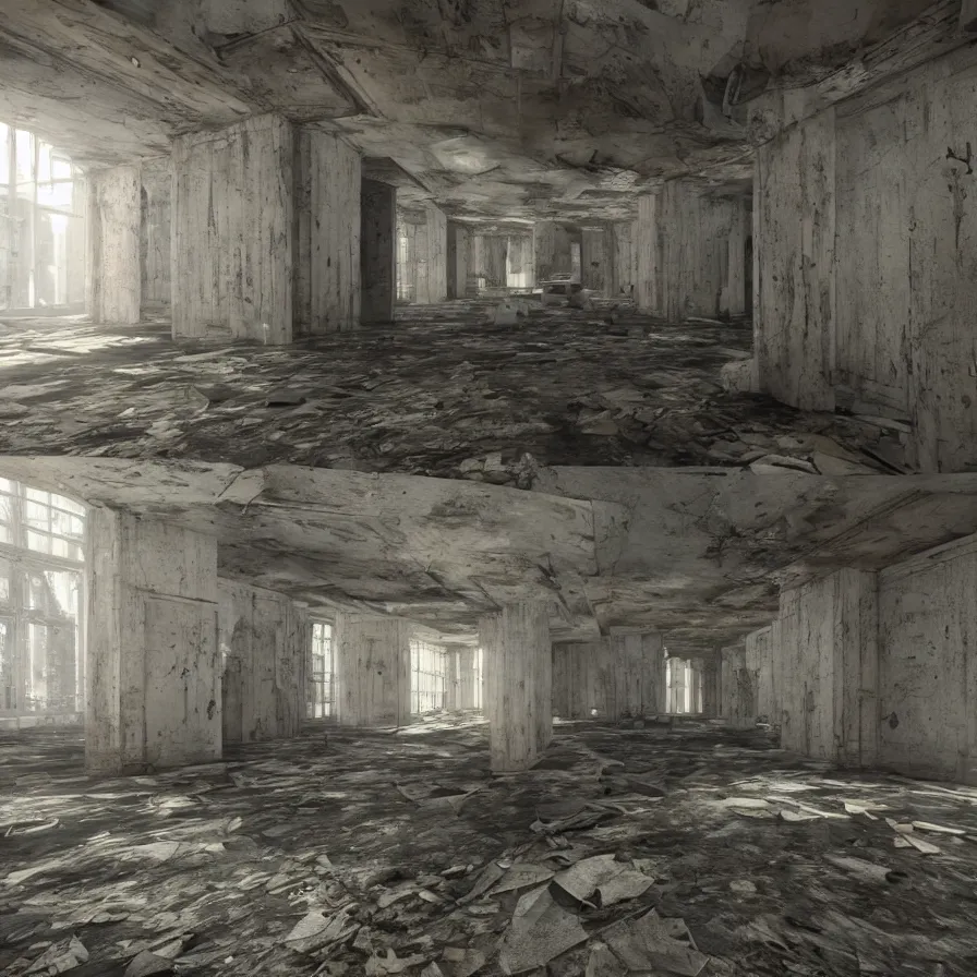 Image similar to liminal space, strange architecture interior, slightly unsettling place, rendered in unreal engine 5, hyperrealistic interior, feeling lost in an abandoned building, clean, unreal vision