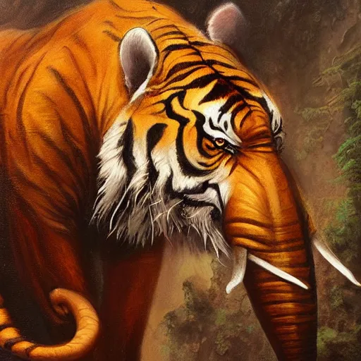 Image similar to tiger - elephant creature, oil painting by justin gerard