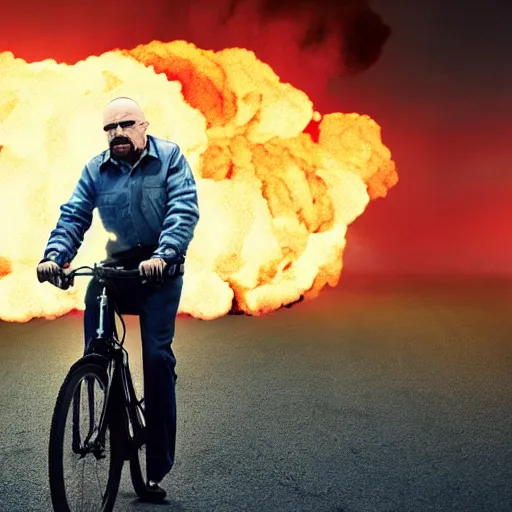 Prompt: photo of walter white riding a bike with an exploding building behind him, color, cinematic lighting