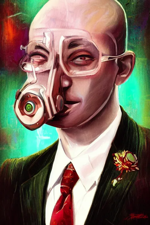 Prompt: a painting of a man wearing a suit and tie, a character portrait by Vladimir Tretchikoff, digital art by by József Borsos, cyberpunk art by Ed Paschke, trending on Artstation, digital painting, digital illustration, vaporware