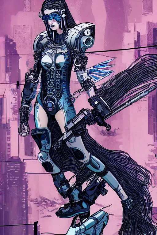 Image similar to cyberpunk valkyrie, in style blend of Botticelli, Möbius and Æon Flux, moonlight, amazing detail, beautiful inking lines, flat colors, 4K photorealistic