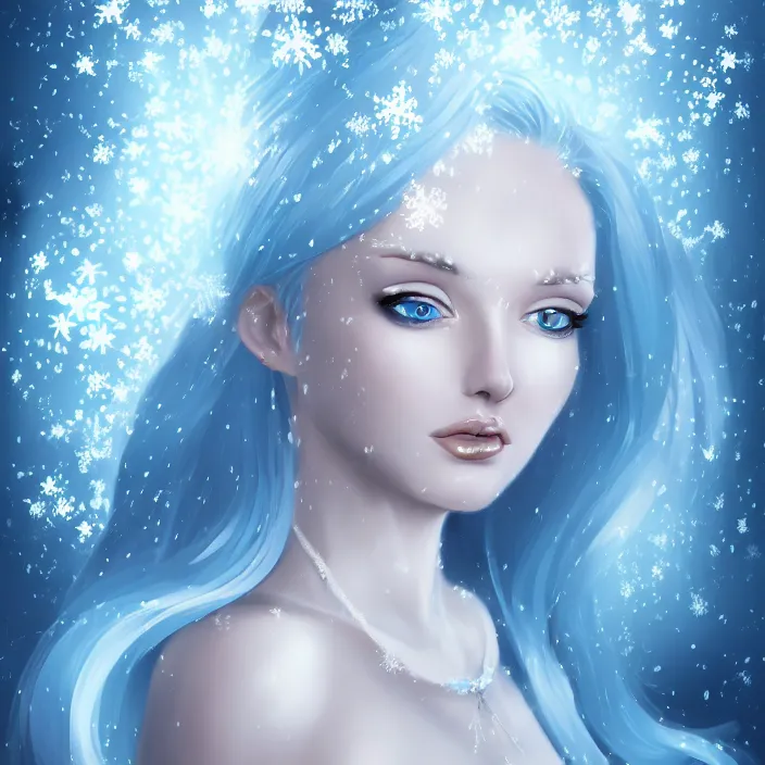 Image similar to full body portrait of a stunningly beautiful woman with pale blue hair wearing a white dress made out of snowflake in the middle of a raging snowstorm. award - winning digital art, trending on artstation