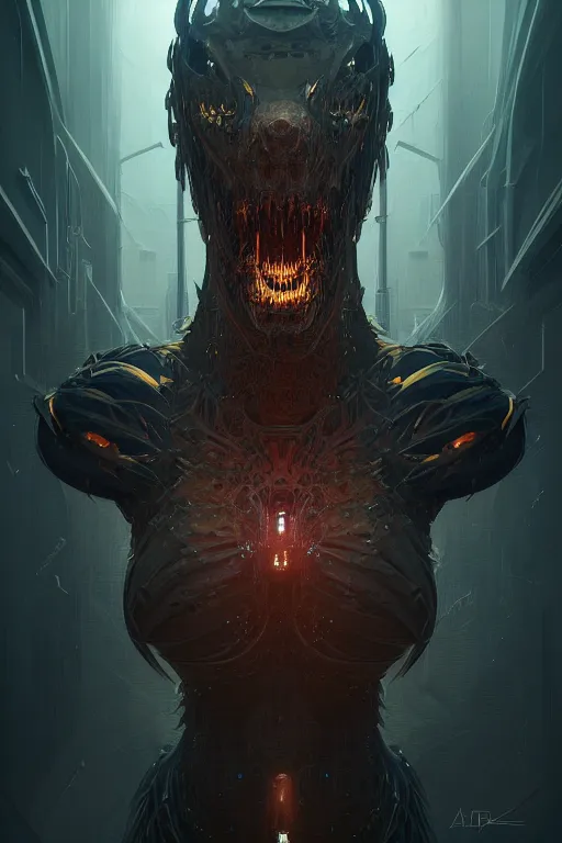 Image similar to professional concept art portrait of a terrifying! mechanical predatory! fractal! species in a dark room by artgerm and greg rutkowski. an intricate, elegant, highly detailed digital painting, concept art, smooth, sharp focus, illustration, in the style of cam sykes.