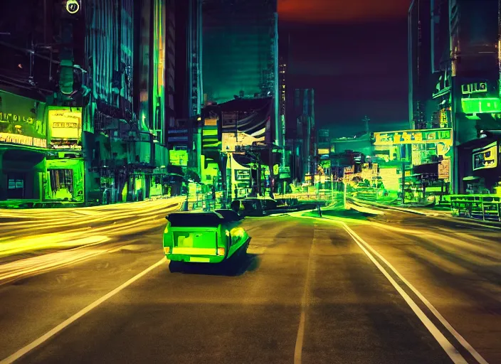 Prompt: a film still of a tonka truck driving in forward direction through a neon green city at night, cinematic