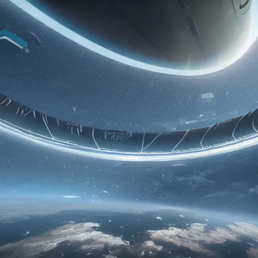 Prompt: An orbital ring like the ones from Halo as viewed from the ground, looking up at the horizon. Hyperrealistic photorealism rendered with octane