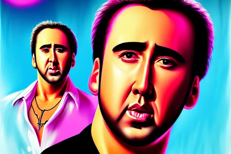 Image similar to young nicolas cage from wild at heart starring in “ miami vice ” movie poster artwork, 4 k digital art, neon, 8 0's style artstation, concept art, smooth, sharp focus, illustration, artgerm