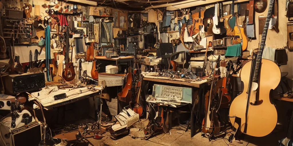 Image similar to a color photograph of a musician's basement studio with many things, workbench overloaded with broken instruments,, trending on artstation, hyperrealism