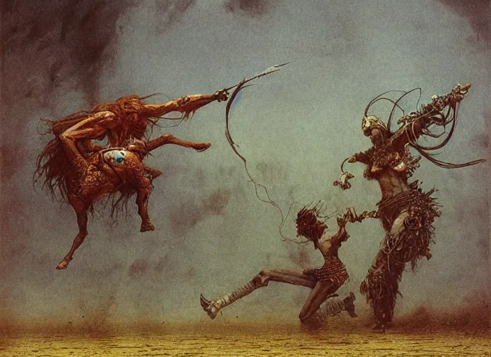 Prompt: cowgirl fighting monsters by Beksinski and Luis Royo