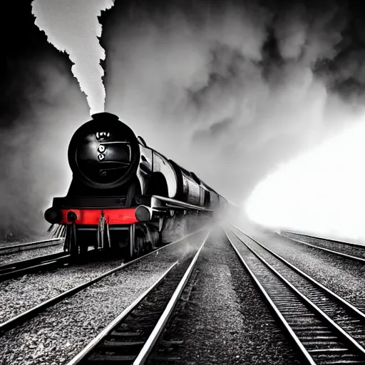 Image similar to a hyperdetailed black and white photograph of the flying scotsman on the rails producing lots of black smoke in an old timey city, night, dense fog, rain, hd, 8 k, cinematic, volumetric lighting