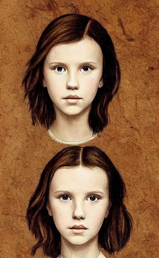 Prompt: millie bobby brown painted by leonardo da vinci and rossdraws