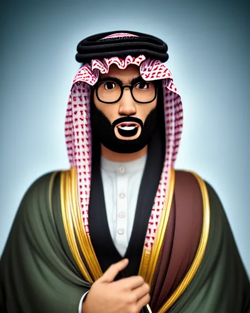 Prompt: an epic comic book style full body portrait painting of modern saudi man , elegant, character design by Mark Ryden and Pixar and Hayao Miyazaki, unreal 5, DAZ, hyperrealistic, octane render, cosplay, RPG portrait, dynamic lighting, intricate detail, summer vibrancy, cinematic