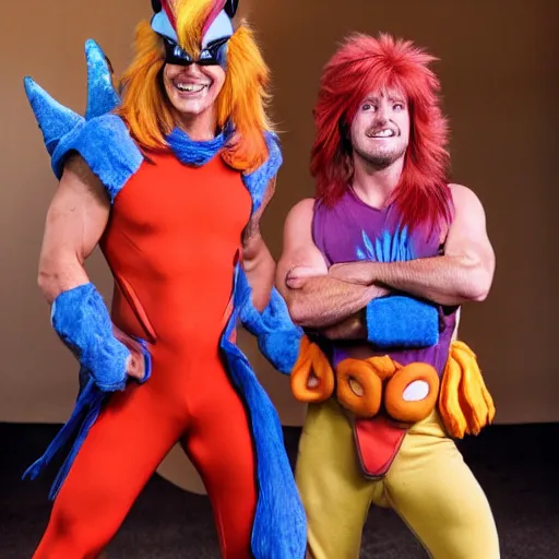 Image similar to fallon sherrock as one of the members of thundercats, with cameron menzies as snarf