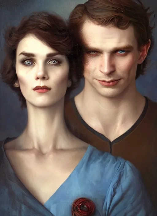 Image similar to a threatening portrait of a smiling man pretending to be human with beautiful blue eyes and short brown hair, art by manuel sanjulian and tom bagshaw