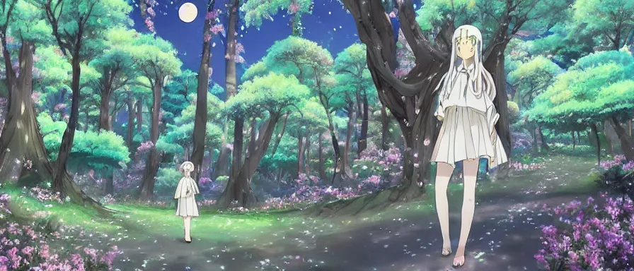 Prompt: illyasviel and Konpaku walking through enchanted ghibli clover Forest • Bright Big Moon at Blue Night • Trees with white flowers • bioluminescent blue FLOWERS • strong blue rimlit • visual-key • anime illustration • highly detailed High resolution • Light Novel • Visual Novel • In the style of Miyama-Zero, Yuuki Hagure • brilliant vibrant saturated dark colors • Digital-watercolor