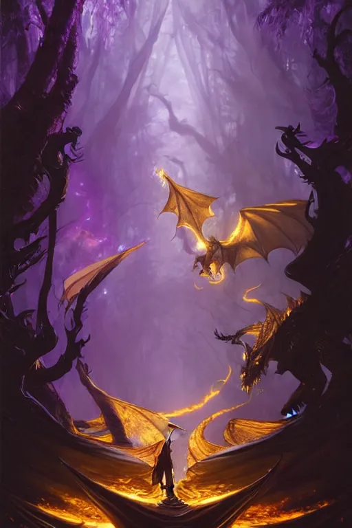 Image similar to a dark dragon is gnawing a wizard in a white robe with a golden border, in a magical forest clearing, details, purple fire around magic arena, arcane style, futurism, painting by greg rutkowski, j. c. leyendecker, artgerm