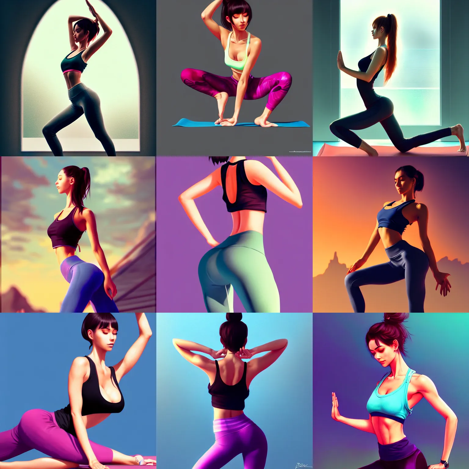 Prompt: gorgeous woman with low-cut tank top and leggings seductively doing yoga, offering a stunning view of her, very detailed, high definition art in the style of Ross Tran and Ilya Kuvshinov, WLOP, artstation