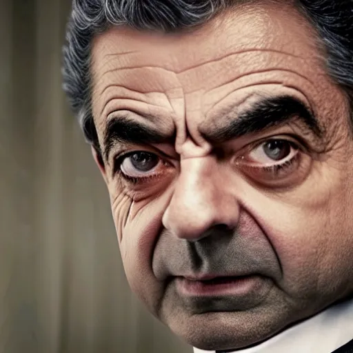 Image similar to an film still of rowan atkinson as samurai, cinematic, dramatic action