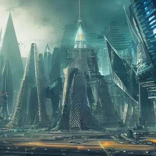 Prompt: a scene of the beautiful intricate epic futuristic city with a huge cyber sphinx dominating the scene, floating cyber pyramid ships, hyper detailed, cinematic lighting